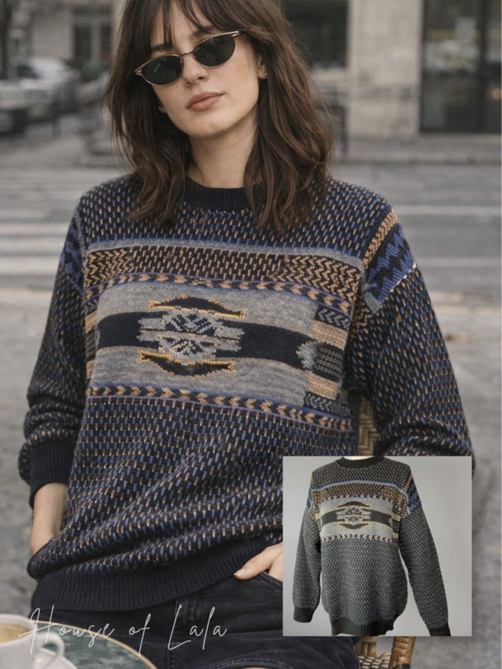Vintage knit blue black grey grandpa sweater. Fisherman core